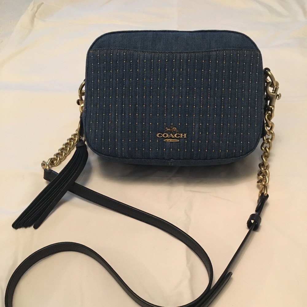 Coach Denim Quilted & Studded Camera Crossbody Bag